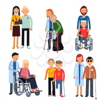 Disabled people group or hospital patients and helping man. Vector illustration isolate on white background. Help disabled patient in wheelchair