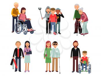 Disabled person with his helpful friends or volunteers. Vector flat style illustration of humans. Help and care for disabled people. Help for invalid character in wheelchair