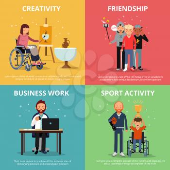 Concept pictures of disabled people rehabilitation. Human friendship. Vector banner set. Disability people medical rehabilitation, illustration of medicine rehabilitation for invalid