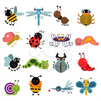 Cartoon bugs and insects. Vector illustration set isolate on white background. Insects collection bee and butterfly, characters spider and ant insects
