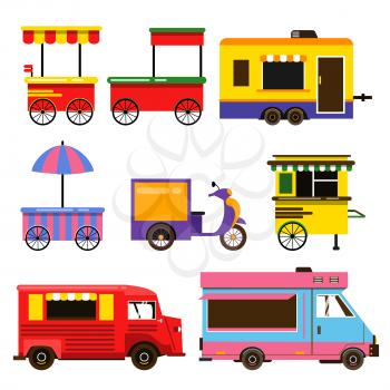 Different food trucks set. Vector illustration. Transport delivery food, trailer automobile kiosk