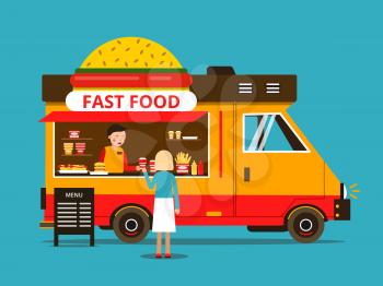 Cartoon illustration of food truck on the street. Vector pictures in flat style. Transportation car for fast food delivery