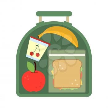 Lunchbox with food. Meal, apple and sandwich. Healthy cartoon vector illustration. School lunch apple with banana, food lunch box