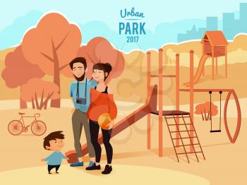 People relax and walking in urban park. Vector illustration. Happy family in park, outdoor rest with family
