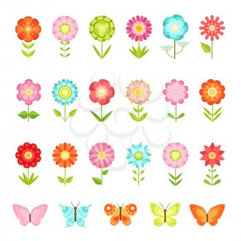 Funny butterfly on flowers in garden. Illustrations of natural flower in flat style isolate on white background. Collection of flower and butterfly, summer green flowers