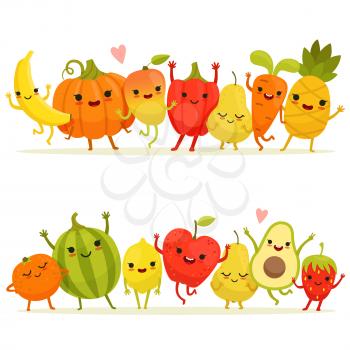 Cartoon fruits and vegetables in group. Vector happy mascots with smiling faces. Happy fruit and vegetable, illustration of cartoon character natural fruits