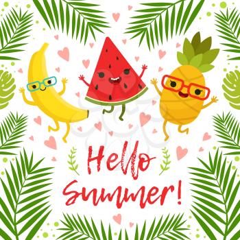 Funny tropical fruits on the summer party. Vector background. Summer fruit pineapple and sweet banana, illustration of template exotic fruits