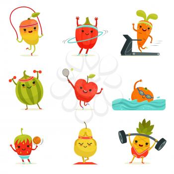 Funny fruits make fitness exercises. Vector cartoon set with diet foods. Sport happy fruits illustration