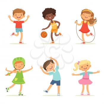 Kids playing in active games. Vector illustrations of funny children at playground. Happy child girl and boy, childhood and youthful