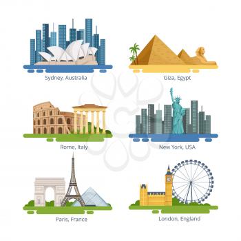 Different city panoramas with famous landmarks. Vector illustrations set. Famous landmark for travel and tourism