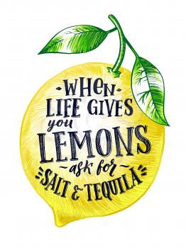 Fresh lemon with hand writing phrase. Fruits vector illustration isolate on white. Citrus food yellow lemon with green