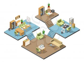 Different isometric modern offices with furniture. Several floors in business center. Vector illustration set. Room reception and presentation room office