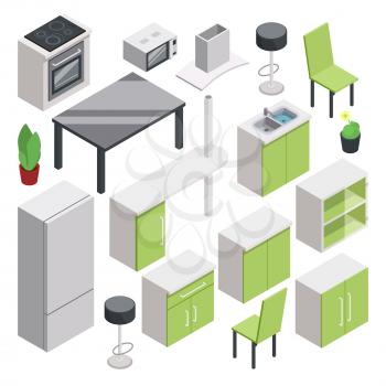 3d room design. Vector isometric furniture set for kitchen. Interior isometric for kitchen or dining room. Vector illustration