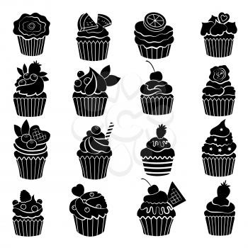 Big monochrome set of different cupcakes and muffins. Black vector illustration. Muffin dessert and cupcake delicious desert