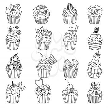 Doodle set of cupcakes. Hand drawn vector illustrations isolate on white. Hand drawn cupcake doodle, sweet cake collection