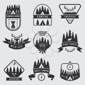Outdoor camping labels set. Explorer monochrome badges. Adventure vector illustration. Black silhouette of forest, deer and tent. Adventure outdoor summer expedition and travel
