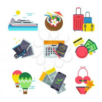 Different icons of traveling. Summer holiday vector illustrations in flat style. Summer travel and vacation, camera and boat ship, suitcase and passport