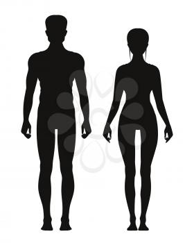 Silhouette of sporty male and female standing front view. Vector anatomy models girl and boy mannequin illustration