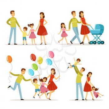 Big family. Father, pregnant mother, little baby. Vector character set. Happy family mother father and happy child illustration