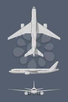 Different sides of modern airplane. Air transport airliner and plane passenger. Vector illustrations isolate