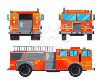 Different sides of fire truck. Specific professional car for fireman. Vector car fire, alarm automobile with ladder illustration