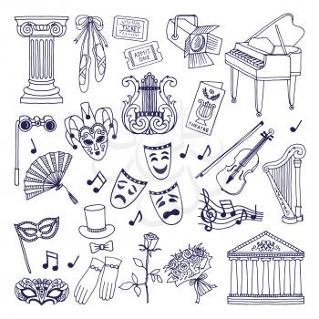 Theatre illustrations set. Opera and ballet vector symbols isolate on white. Ballet and opera theater, performance music in theatre