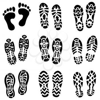 Monochrome set of running shoes and human legs footprint isolated. Silhouette black footprint and sole prints shoes. Vector illustration