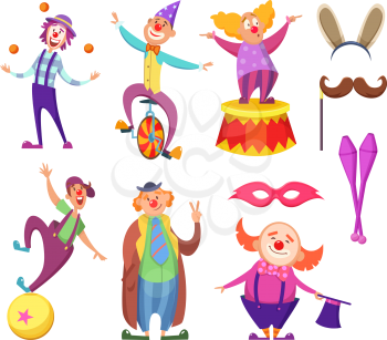 Funny clowns characters and different circus accessories. Character cartoon clown, comedian and jester performance in costume, vector illustration