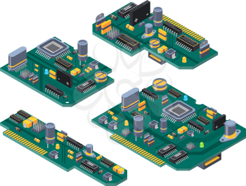 Different computer boards with semiconductors, capacitor and chips. Motherboard electronic circuit, microchip and semiconductor. Vector illustration