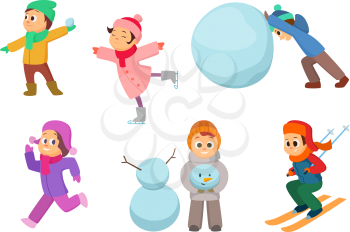 Kids playing in winter games. Different childrens in action poses. Boy and girl play with snow ball. Vector illustration