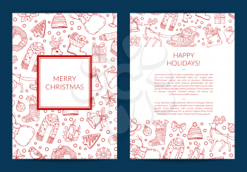 Vector hand drawn christmas elements with santa, xmas tree, gifts and bells card template with frames and place for text illustration