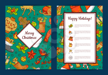 Vector hand drawn colored christmas elements with santa, xmas tree, gifts and bells card template with frames, shadows and place for text illustration
