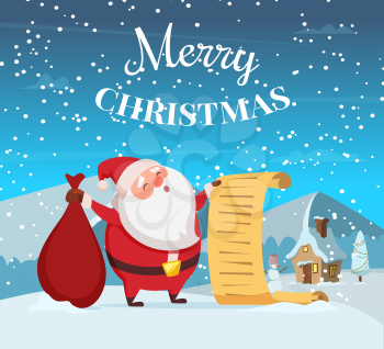 Merry christmas background illustration with funny santa. Vector design template of winter greeting card. Christmas card with santa claus