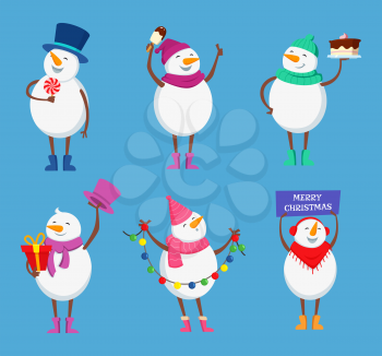 Funny snowmen in different action poses. Cute winter characters for christmas happy holidays. Christmas snowman cartoon character. Vector illustration