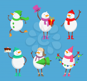 Vector mascot design of funny snowmen. Xmas characters set. Snowman winter character for holiday xmas illustration