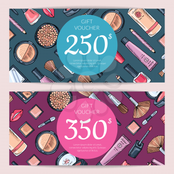 Vector gift card vouchers for beauty products with hand drawn makeup products isolated on dark background illustration