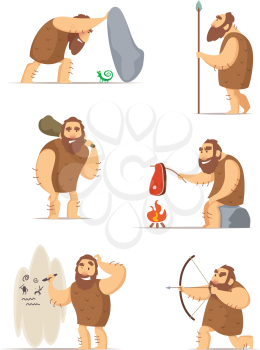 Caveman and different action poses. Character ancient people, prehistoric primitive neanderthal. Vector illustration