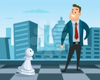 Businessman standing on a chess board. Concept illustration of business strategy. Leadership and excellence. Businessman leadership on chessboard, strategy business competition vector