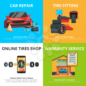 Concept illustrations of auto tire service. Garage for mechanics. Automobile shop banner set. Auto repair and diagnostic vector
