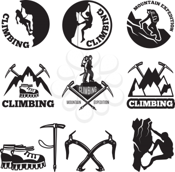 Outdoor pictures. Adventures and mountain climbing. Illustrations for labels or logo designs. Climbing extreme badge, logo climb expedition and tourism vector
