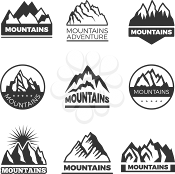 Labels set with different illustrations of mountains. Templates for logos design. Mountain emblem logo, rock hill banner vector