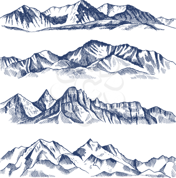 Hand drawn illustrations of different mountains landscape. Mountain travel, rock peak and highlands range vector