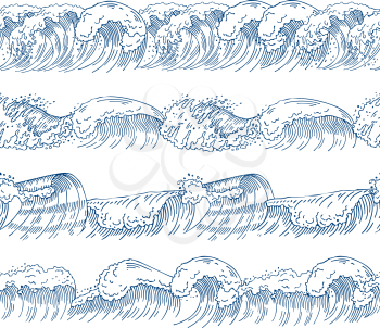 Horizontal seamless patterns with different ocean waves. Hand drawn pictures set. Ocean and sea wave pattern, vector illustration