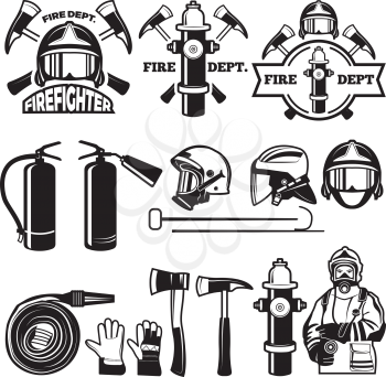 Badges and labels set for fire department. Firefighter and fire department emblem, vector ilustration
