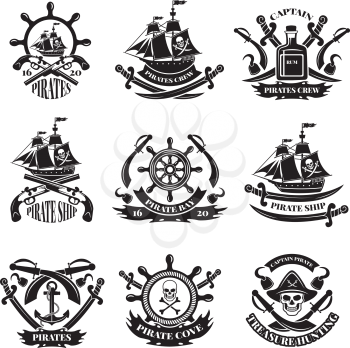 Pirate skull, corsair ships, symbols of piracy. Monochrome labels set. Piracy emblem and sword with happy roger skull. Vector illustration