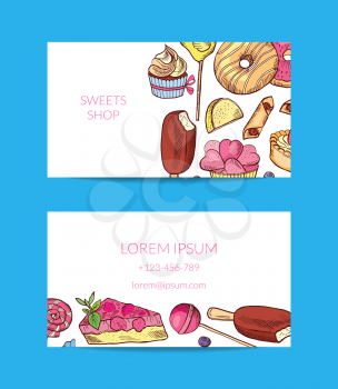 Vector hand drawn sweets or pastry shop business card poster template illustration