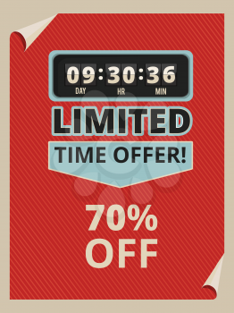 Advertise poster with countdown clock and some text about sales. Vintage pictures in vector style. Promotion sale and time countdown illustration