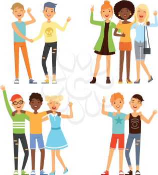 Illustrations of best friends. Friendly hugging of teenagers. Vector friendship and happy together young friends