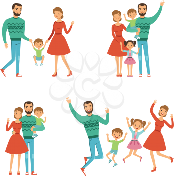Happy family. Mother, father and kids. Characters with smiles in vector style. Man and woman people with daughter and son illustration