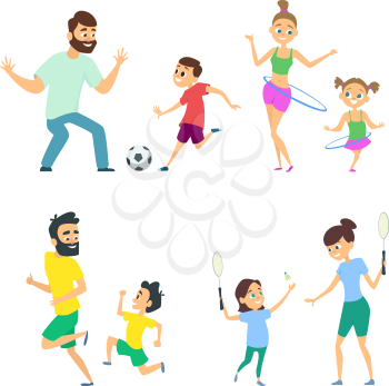 Mother and father playing in active games with children. Man and woman sport family. Vector illustration